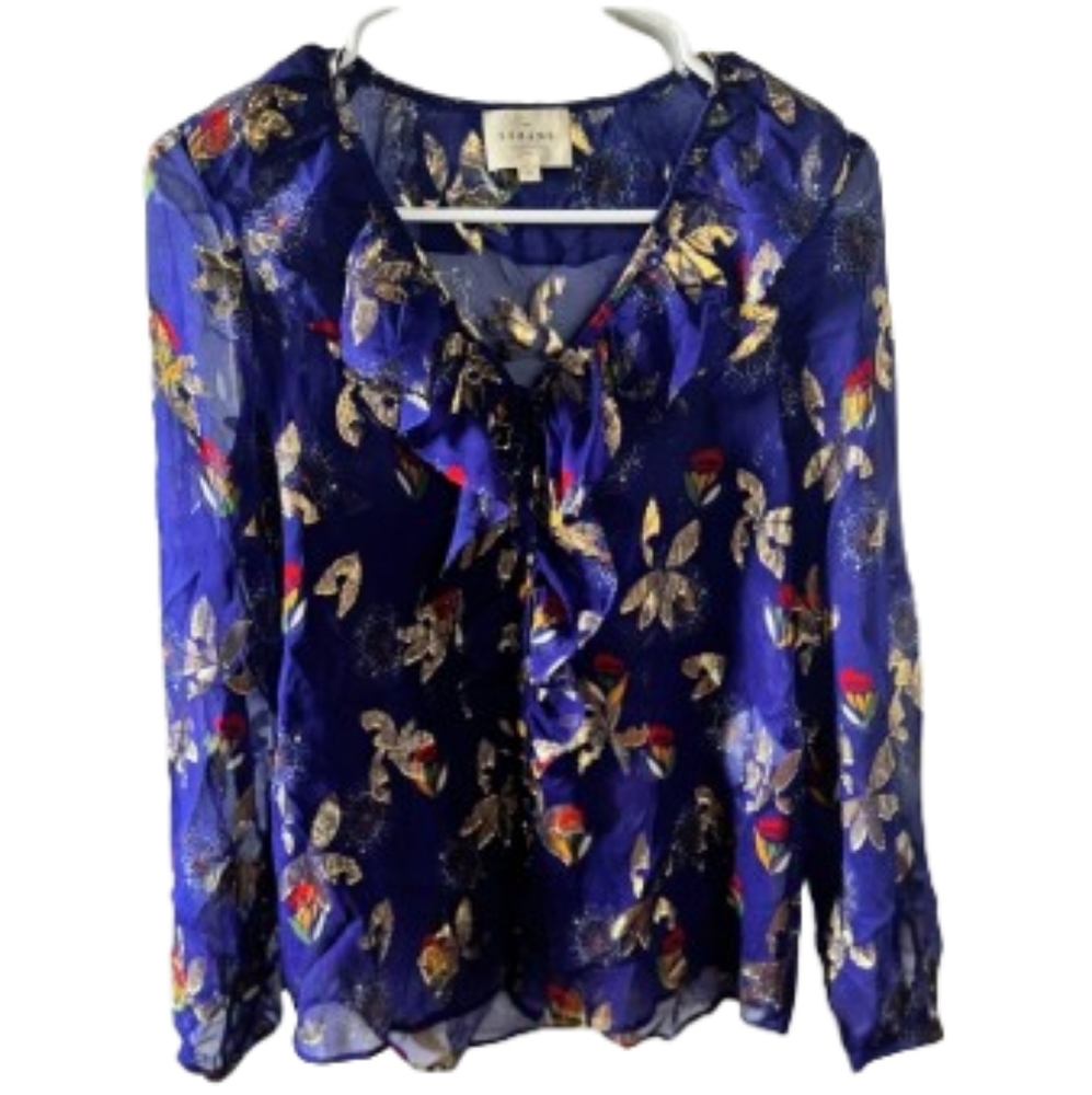 SÉZANE PRISCILLE Ruffle Neck Silk Electric Blue Floral Lurex Blouse 34 NWOT - Picture 7 of 14